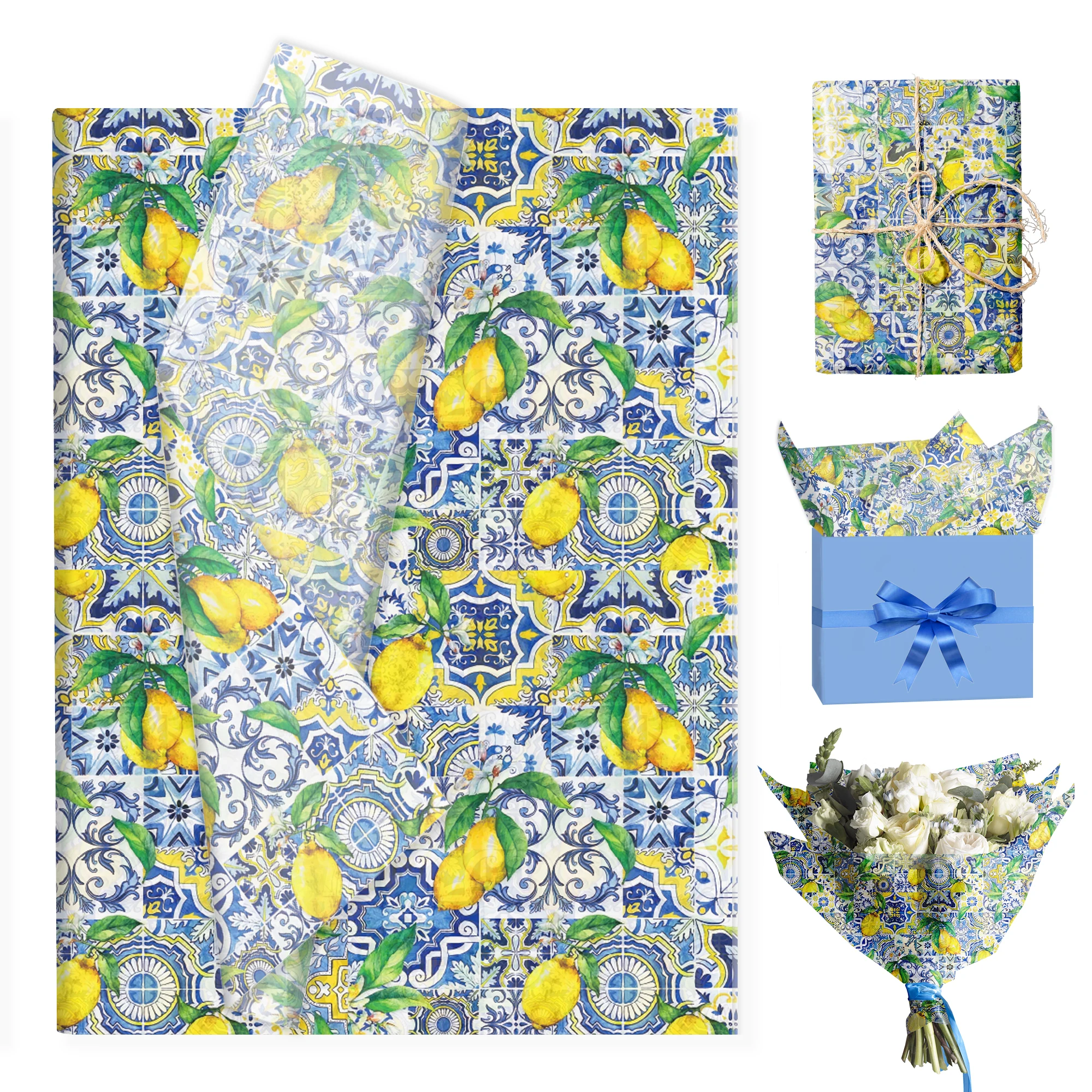 20/50 Stück blaues und weißes Porzellan-Zitronen-Seidenpapier, Geschenkpapier, DIY-Geschenkverpackungspapier, Geburtstag, Hochzeit, Partyzubehör