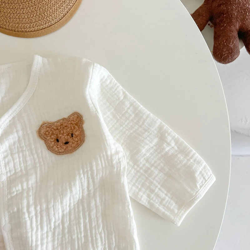 Cartoon Bear Muslin Romper Hat Suit Summer Autumn Baby Clothes Infant Girls Coat Soft Cotton Breathable Jumpsuit