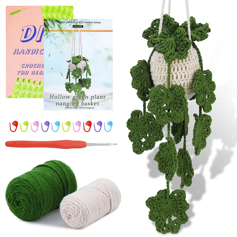 Leaf Potted Plant Crochet Kit Beginner Knitted Crochet Starter Yarn Material With Complete Tool Home Car Hanging Decor
