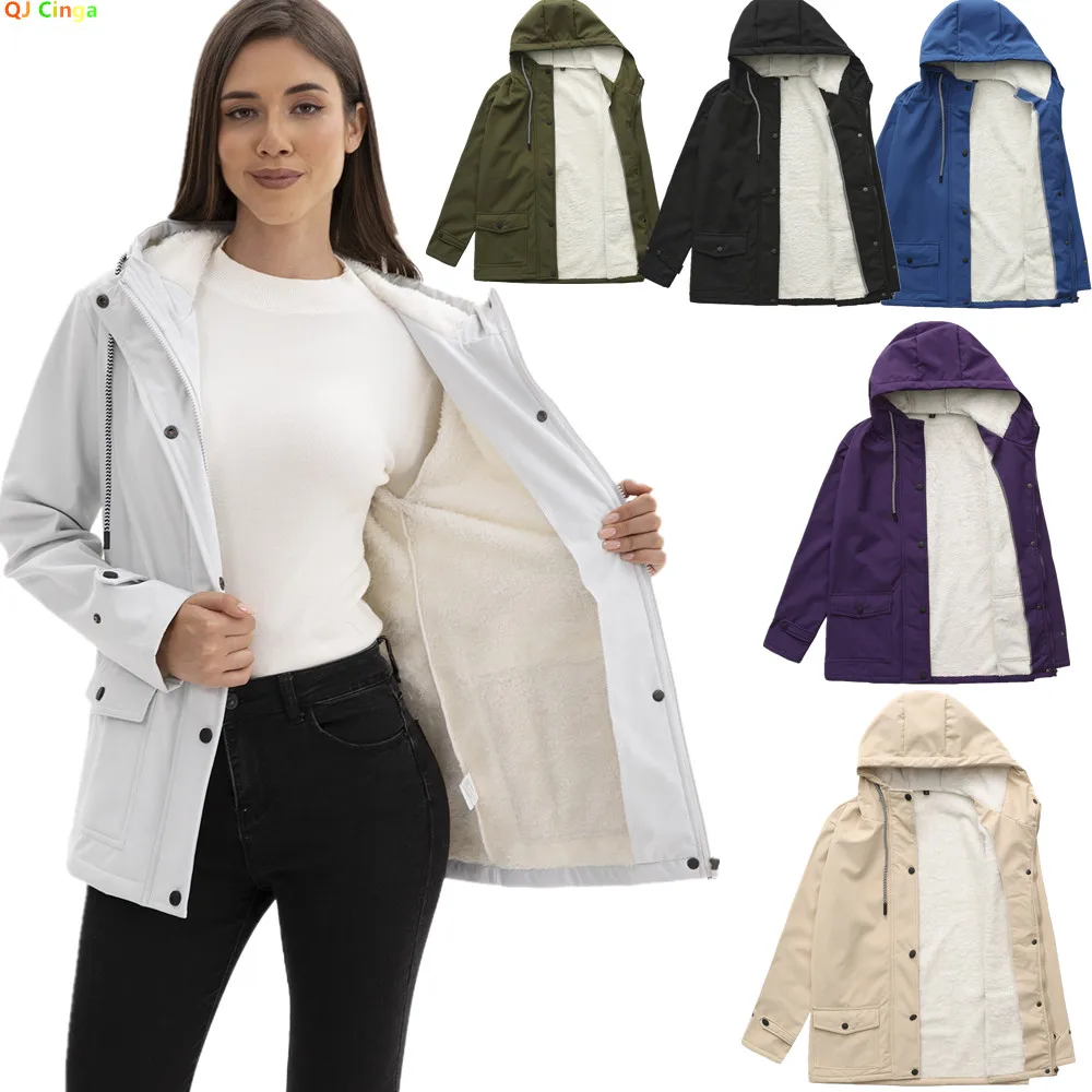Winter Women's Long-sleeve Hooded Trench Coat, Purple Fleece-Lined Jacket,European Size Green Waterproof Overcoat. 2