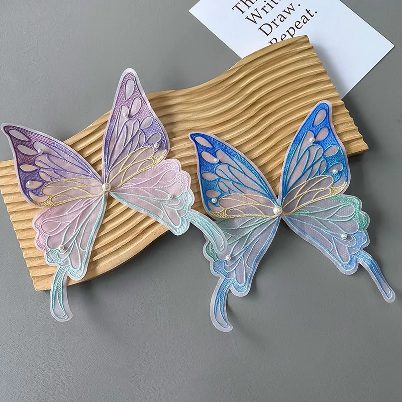 3D Embroidered Butterfly Appliques with Beads Handmade Butterfly Collar Organza Fabric DIY Sew on Wedding Dress Gown Patch