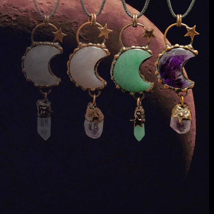 Natural Stone Antique Bronze Pendant Healing Crystal Amethysts Moon Star Vintage Charms for Necklace DIY Jewelry Accessories