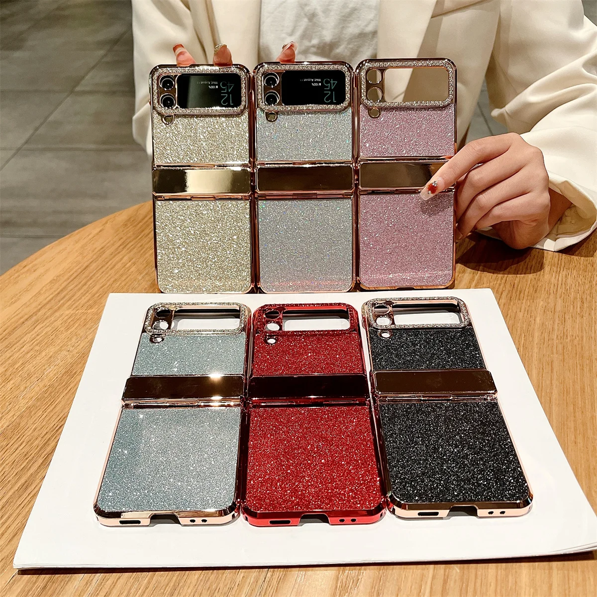 Coque de téléphone Samsung Galaxy Z Flip 5 4 3 5G, garniture en cuir Pu scintillante avec strass, charnière plaquée, couverture arrière en plastique_voghion.com