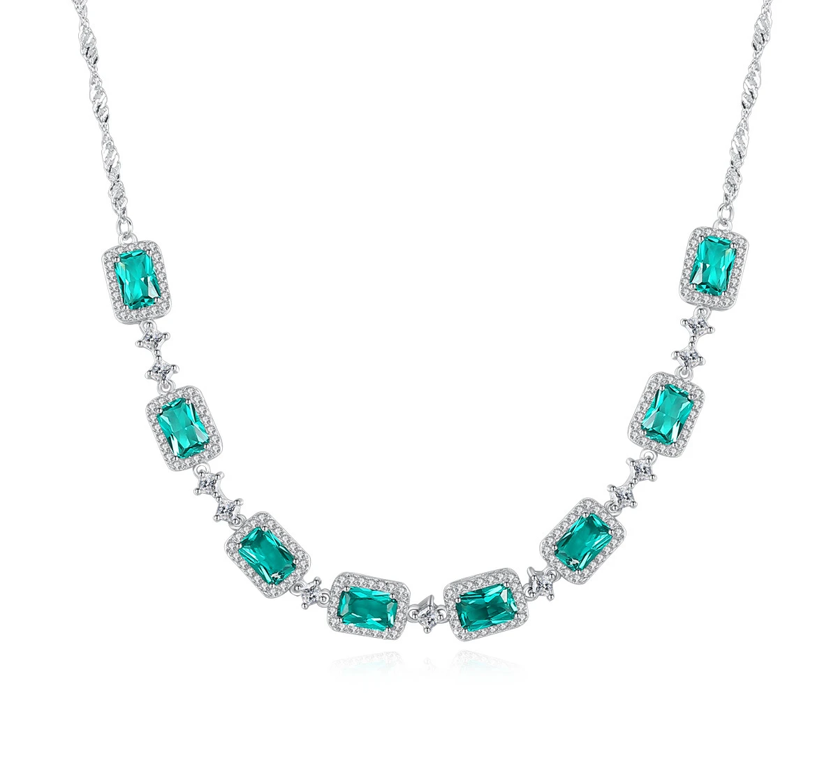 

S925 Sterling Silver Necklace Set Chain Water Wave Chain Emeralds European And American Exaggerated Temperament Jewelry