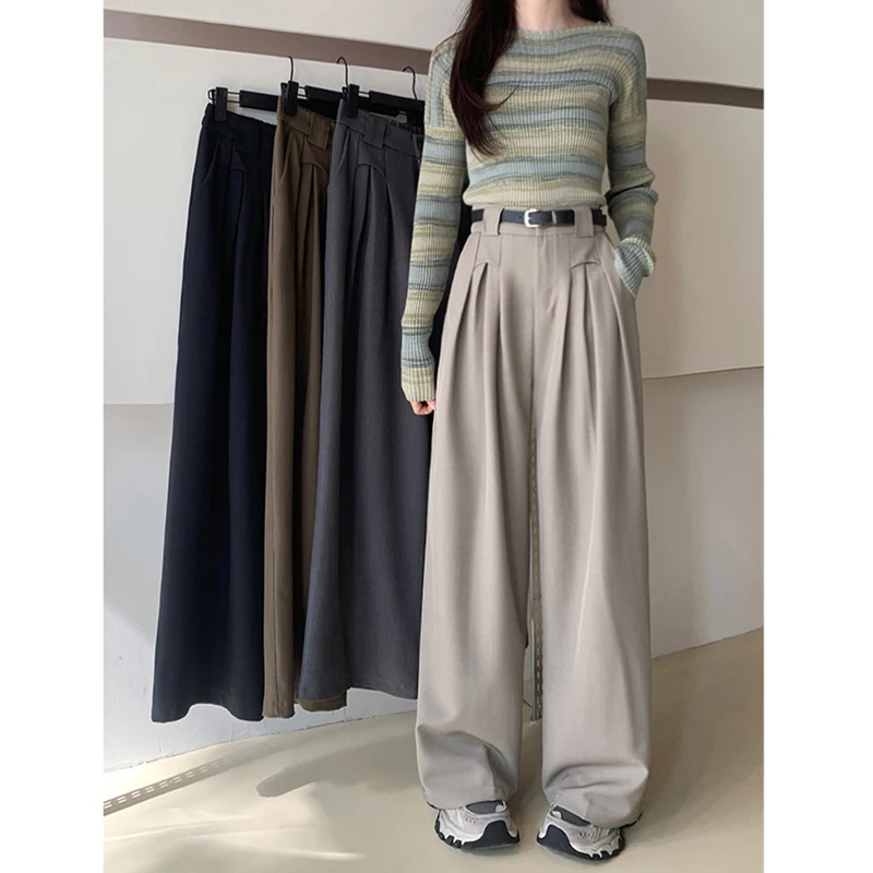 2024 Loose Personalized Elastic Waist Suit Pants Casual Pants Women's Wide Leg Pants High Waist Drape Floor-Mopping Pa ziqiao woman clothes office lady wide leg pants women s summer high waist drape 2021 new split mopping pants black suit pants