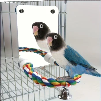 Interactive parrot mirror toy with chewable rope habitat - bird play station for cages 1