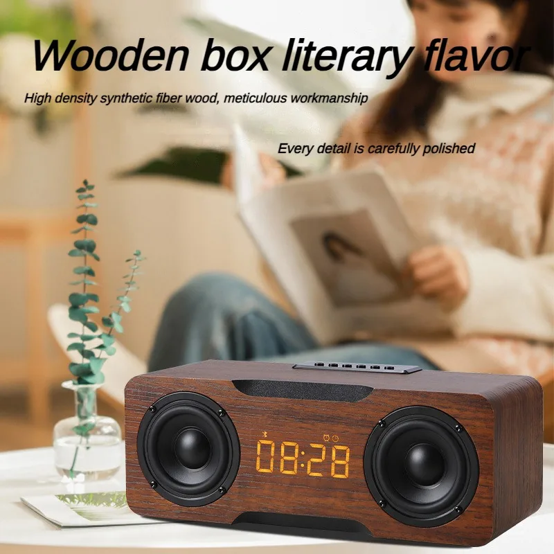 나무 블루투스 스피커 홈 데스크탑 5.0 블루투스 다기능 알람 시계, TF 카드 오디오 HIFI 서브우퍼 사운드 박스, 30W