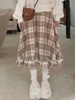 Adorable Plaid  Skirt with Faux Fur Balls in Brown Woolen Material Slimming Mid-Length for Young Girls Autumn Winter Sle - Image 3