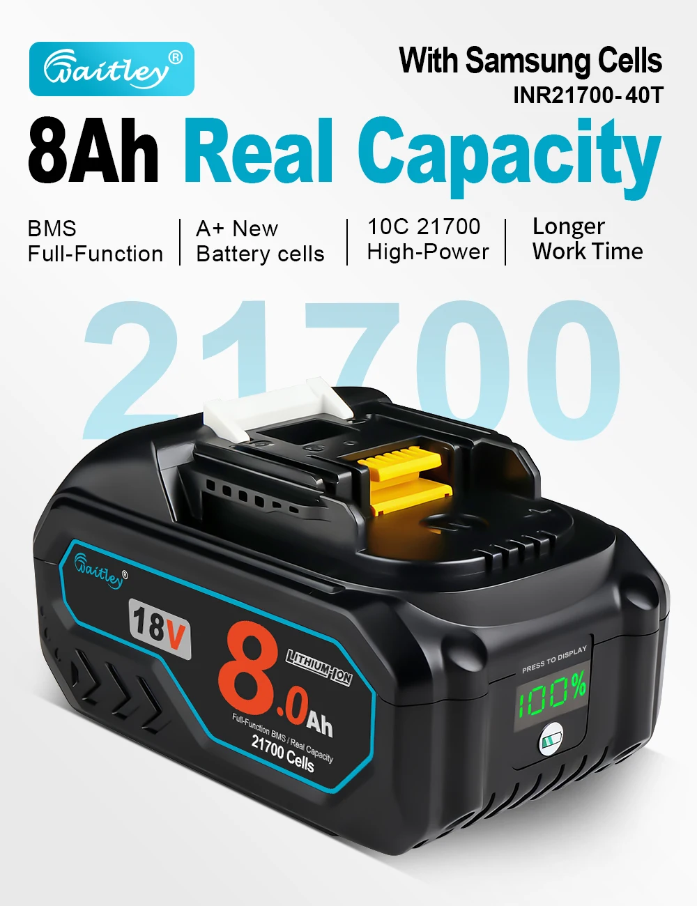 Waitley 21700 Leistungsstarker Akku für Makita 18 V Elektrowerkzeuge, 8 Ah, wiederaufladbare Batterien mit echter Kapazität, Ersatzzubehör – Detail 3