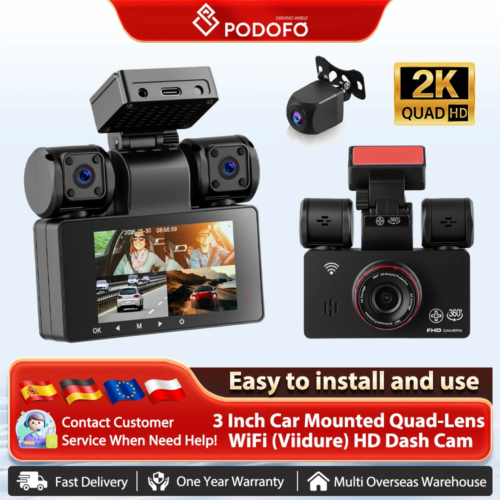 Podofo 2K Car Video Recorder WiFi APP Control Rear View Camera Dashcam 4 Lens Cam Night Vision Loop Recording Car Reverse Assist