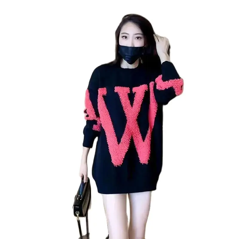 

Модная женская трикотажная одежда, новинка сезона осень-зима 2023, пуловер с круглым вырезом и надписью, элегантное женское вязаное платье для студентов