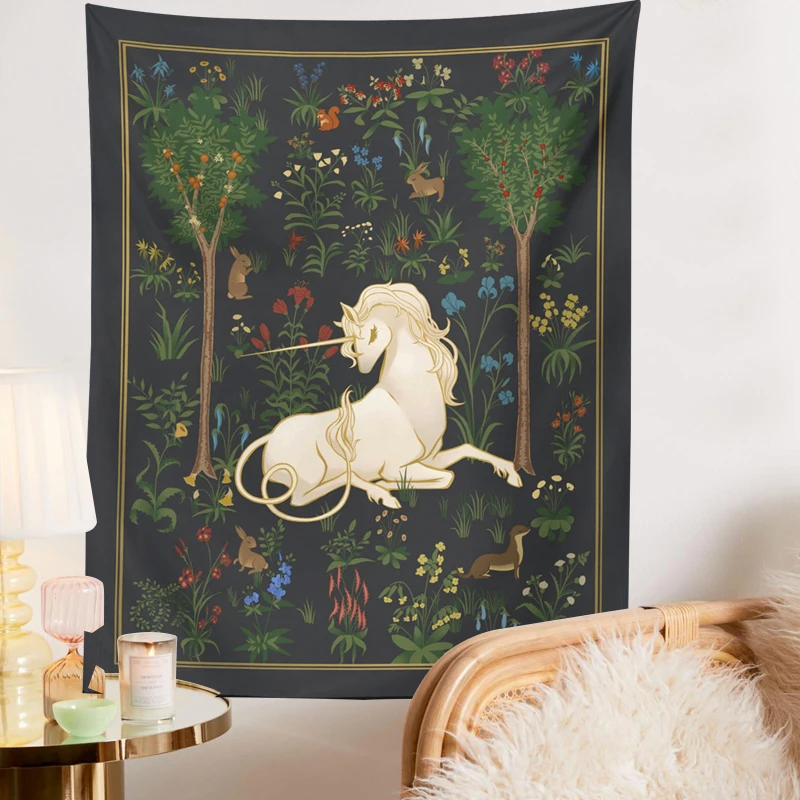 Mythical Unicorn Tapestry Wall Hangings Forest Fantasy Aesthetic Room Decor Heraldic Medieval Tapestry Art Fairytale Anime Decor party decorations tapestry decorations
