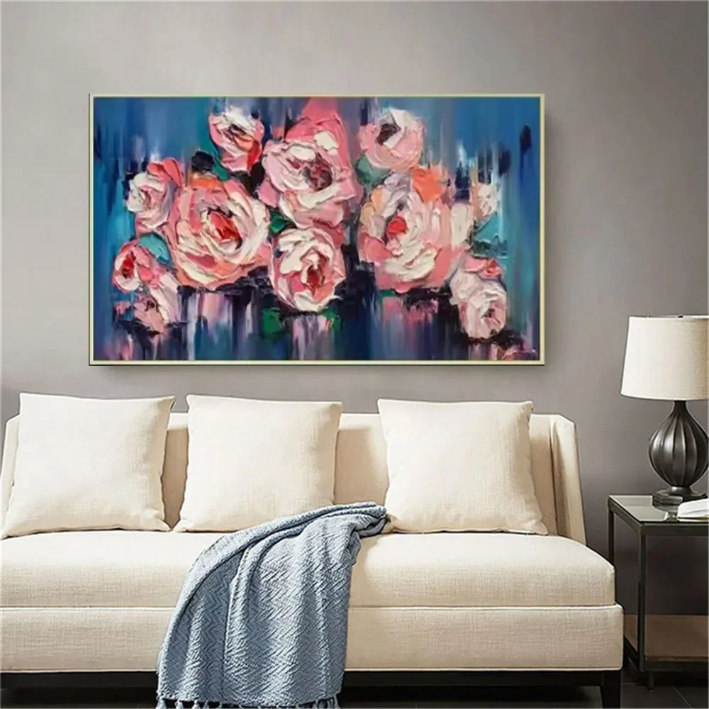 

100% Hand Painted Rose Flower Pink Thick Plant Art Paint Landscape Picture Pop Design Simple Oil Painting Porch Aisle Gift TrimO