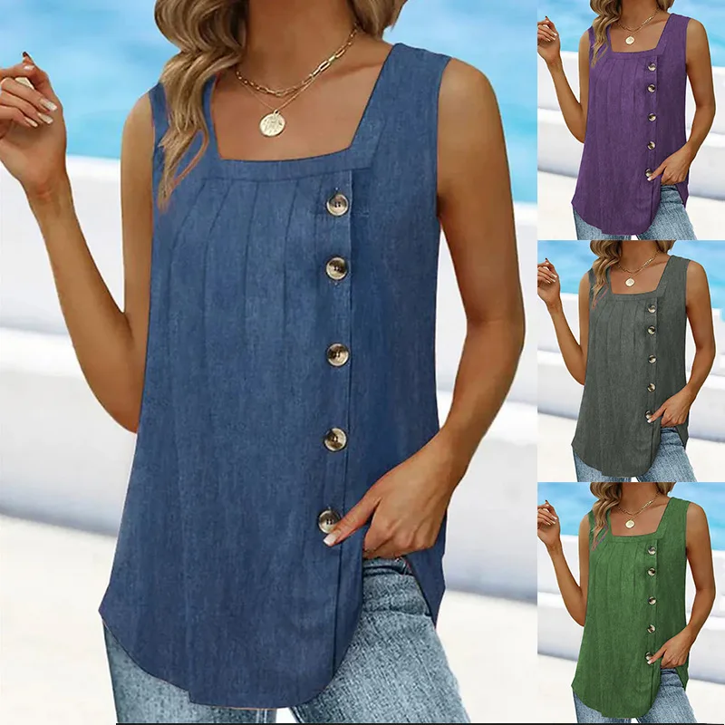 

Women's Summer New Tank Top Sexy Square Neck Sleeveless Swallowtail Button Pullover Fashion Plus Size Pleated Solid Top 2023