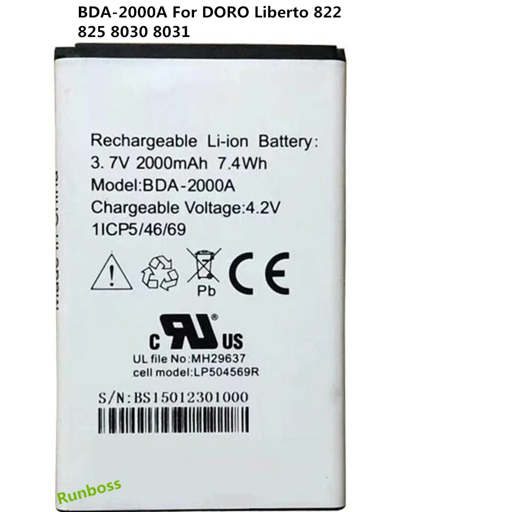 

3.7V 2000mAh Battery BDA-2000A For Doro Liberto 822 825 8030 8031 Elder Mobile Phone Batteria