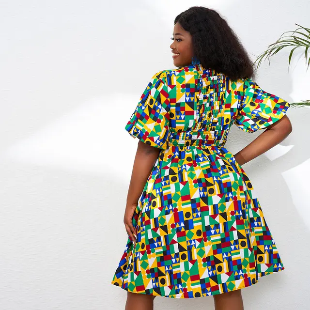 Osas Bob Sleeve V-Neck Flare Print Dress - Image 6