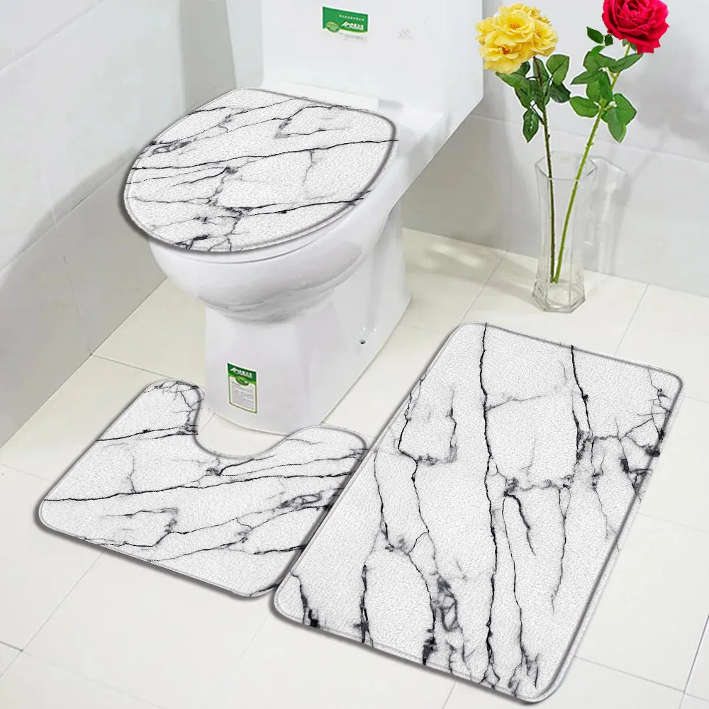 Bath Mats Sets Anti-Slip Toilet Lid Cover Marble Home Bathroom Decor Rugs Abstract Geometric Art