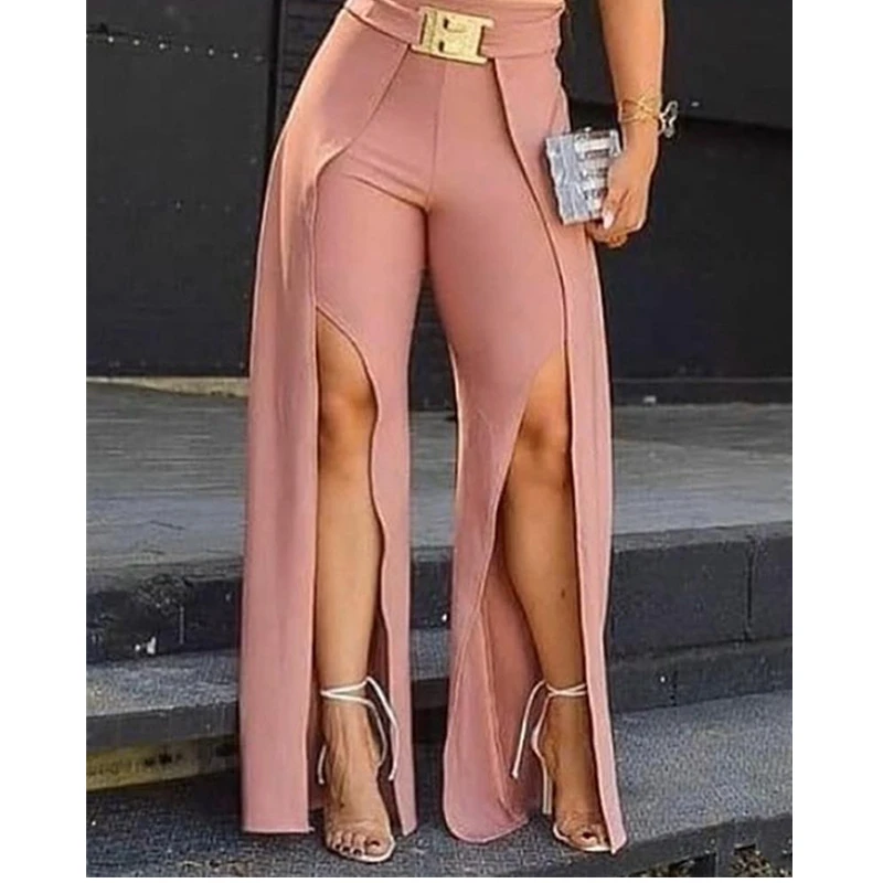 New Sexy Women Solid Long Slit Pants With Belt Casual Pants Summer Fashion Streetwear Flare Pants S-XL versace jeans couture