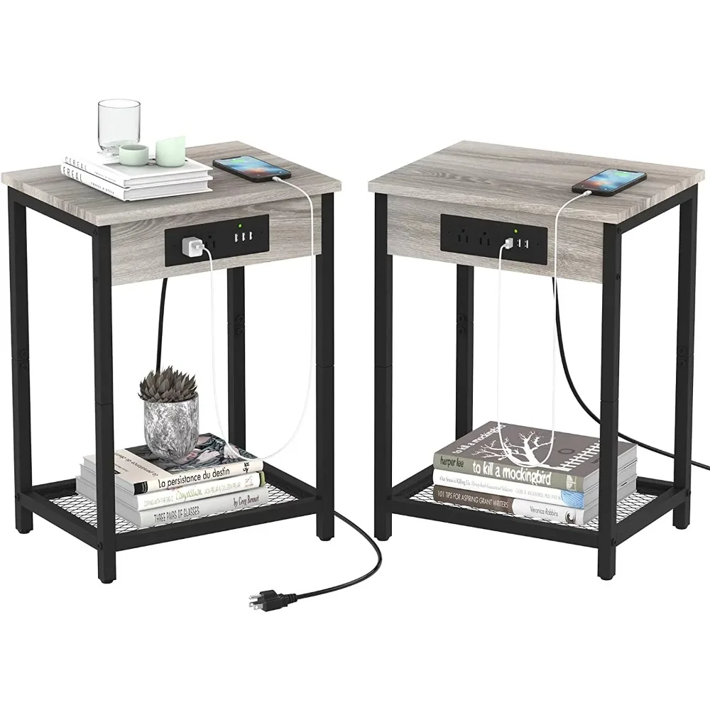 

Nightstand End Table with Charging Station Gray, Set of 2