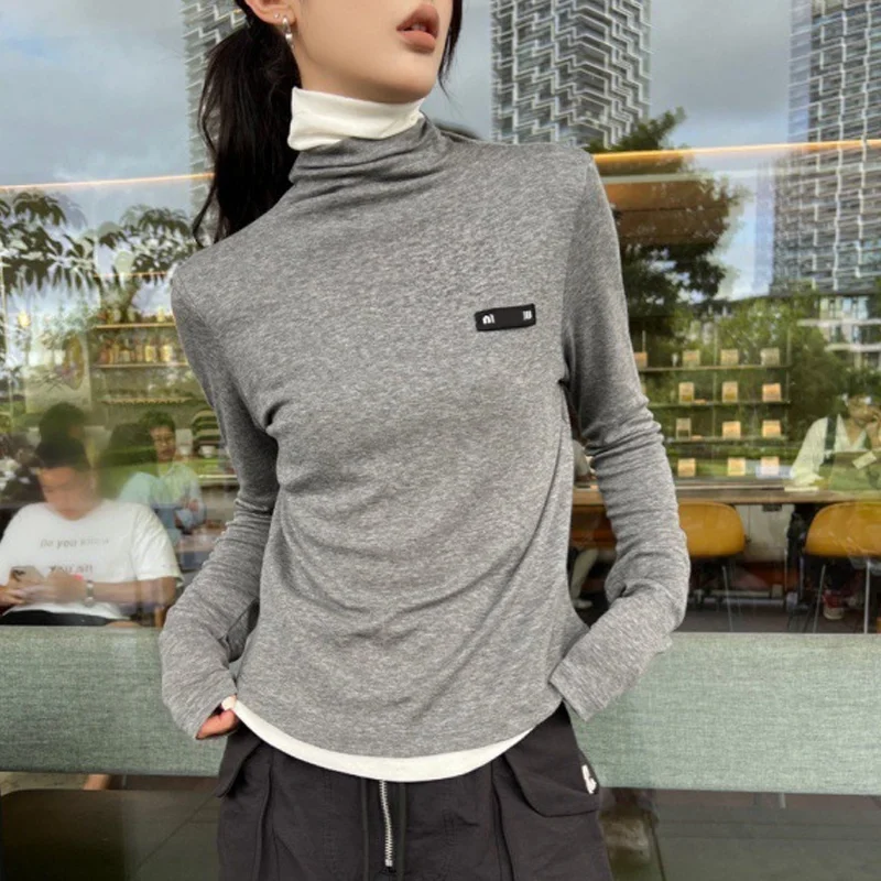 

Autumn Korean New Solid Long Sleeved Black Underlay Casual Women's Wear With Stacked Neckline French Relaxed Fashion Grey Top