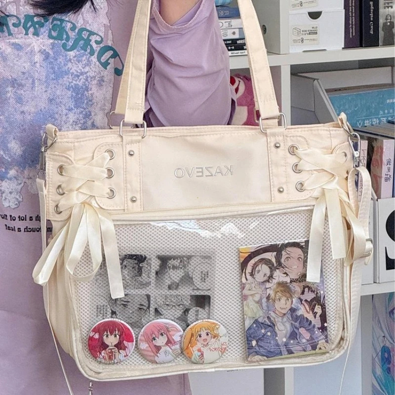 College Style Crossbody Bag with Ribbon Large Capacity for Class Book Carrying Mailman Bag Girls Bow JK Shoulder Ita Bag Handbag