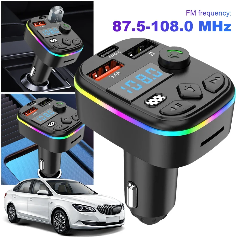 Car Charger FM Transmitter Bluetooth 5.0 PD Type-C Dual USB Ambient Player Handsfree Car MP3 Charger Type-C Wireless Light