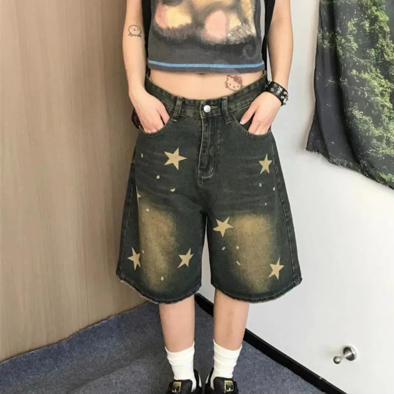 2024 Summer Vintage Minimalist Casual Versatile Knee Pants Printed Straight Distressed Pockets High Waist Women's Wide Leg Pants