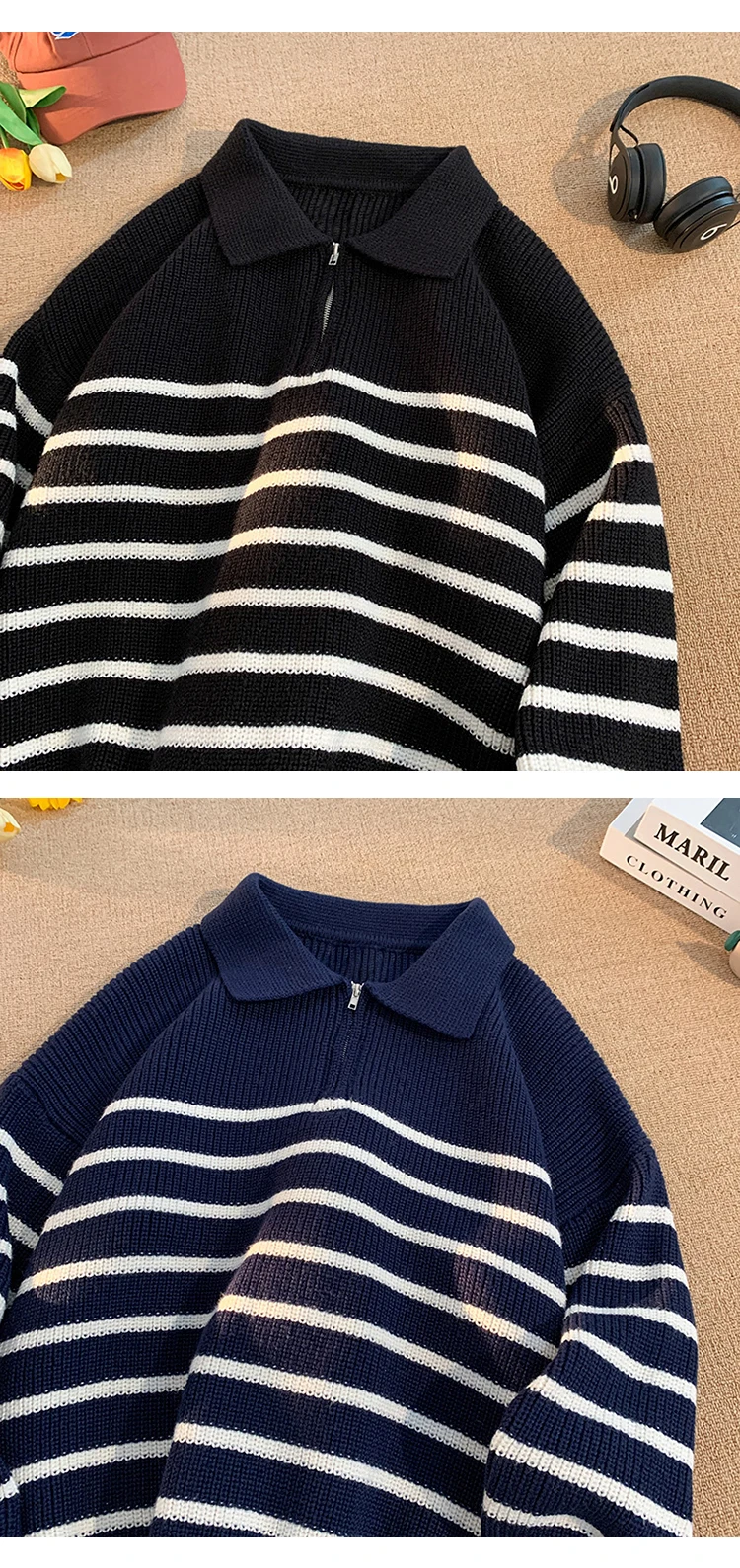 Description Picture 4 of itemAutumn Winter New Lapel Neck Sweater Men's Korean Slim Fit Knitted Pullovers Striped Casual Bottoming Shirt Sweater D102