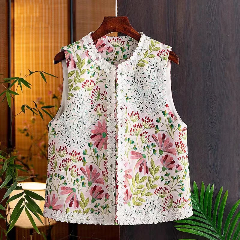 Summer New Brocade Embroidery + Lace Vest Women's Chinese Style Fashion Age Reducing Elegant O-Neck Lady Sleeveless Top S-XL