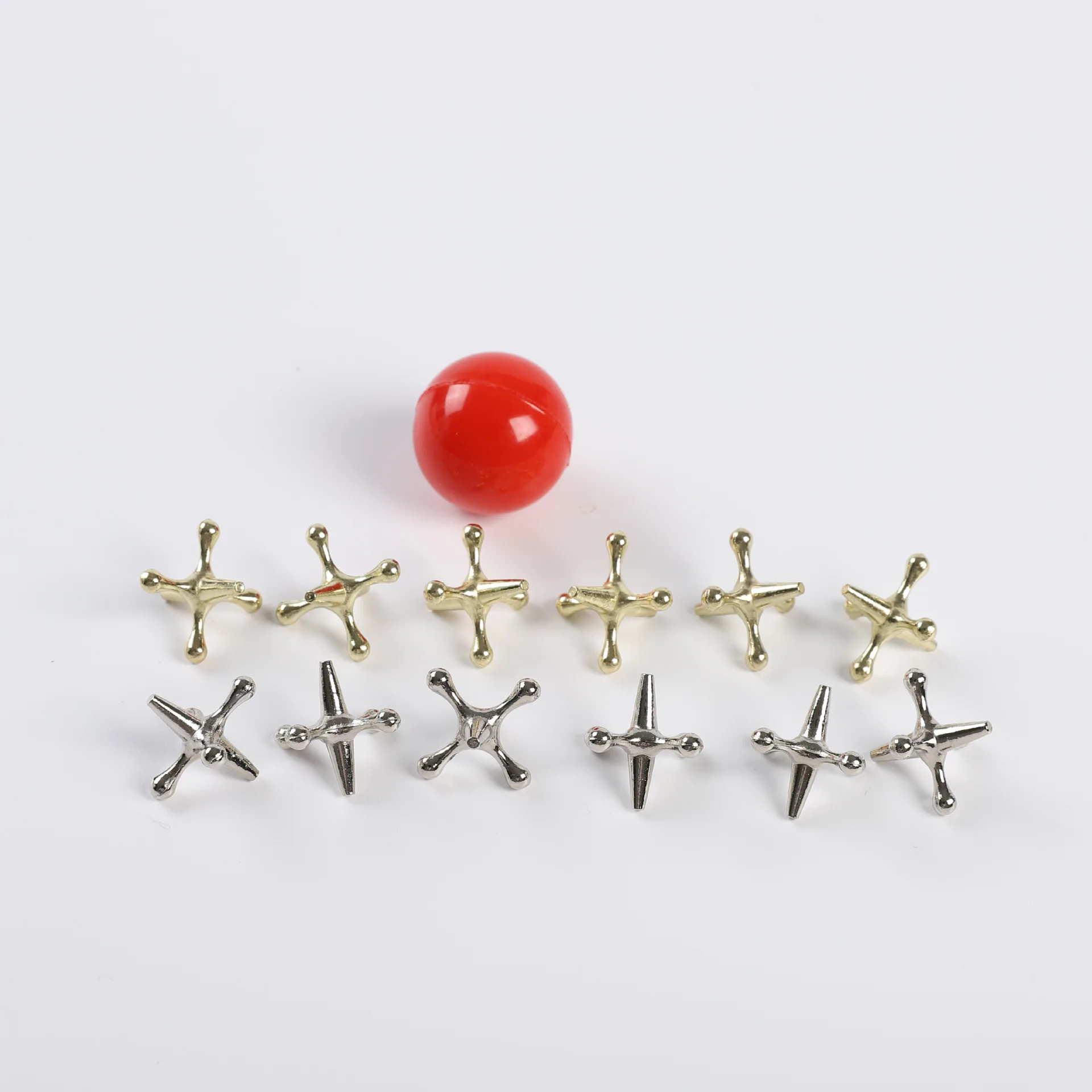 Festive Gold & Silver Metal Jacks Set with Red Rubber Ball - Classic Holiday Game Kit