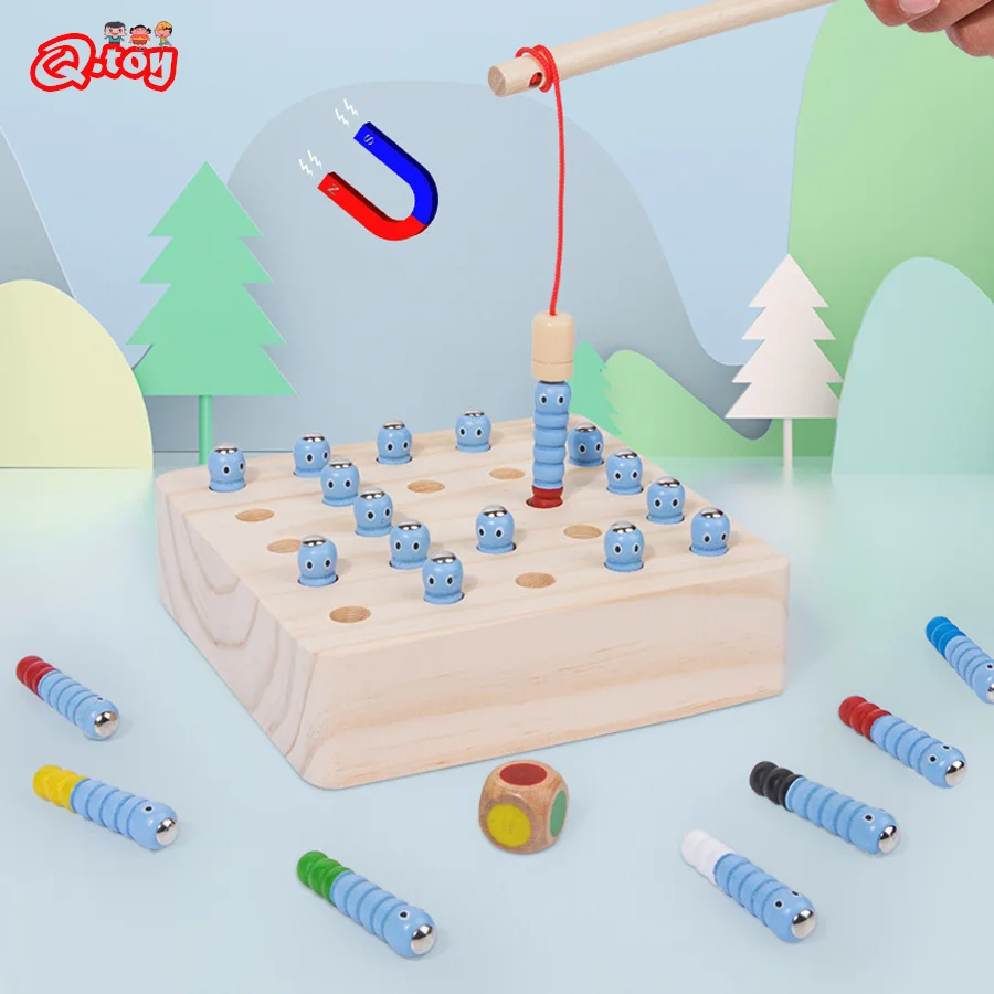 

2 в 1 деревянный магнитный червь ловля игрушки обучения памяти шахматная игра монтессори игрушки для детей цвет познания