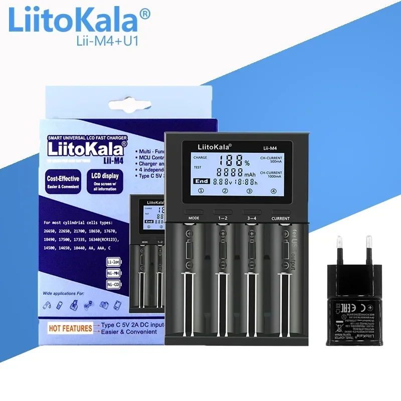 Battery Charger LiitoKala Lii-M4 +U1 18650 Smart Charger LCD Display for 26650 21700 32650 20700 21700 16340 CR123A 18500 AA AAA battery