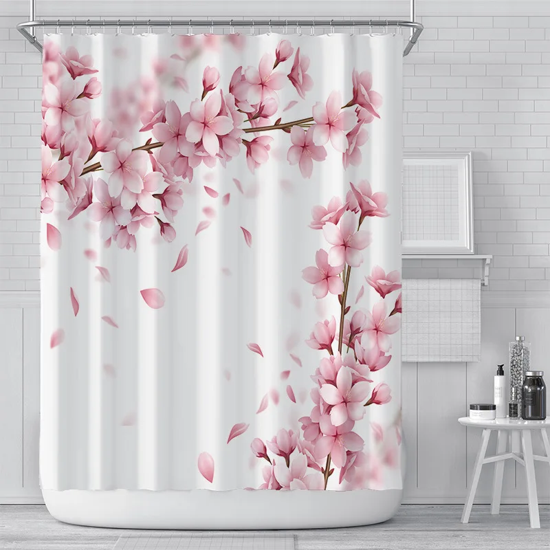 Pink Butterfly and Peach Blossom Shower Curtains Waterproof Bathroom Fabric 71" 