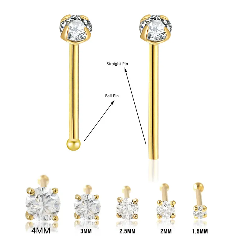 Straight Pin Nose Studs with CZ Crystal Nose Rings Piercing Body Jewelry Bone Ball Pin 20 Pcs nose studs