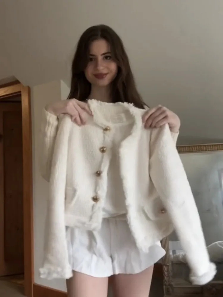 

Женский винтажный комплект из двух предметов, роскошный твидовый пиджак с круглым вырезом, однобортный короткий пиджак, белая мини-юбка, весна 2019