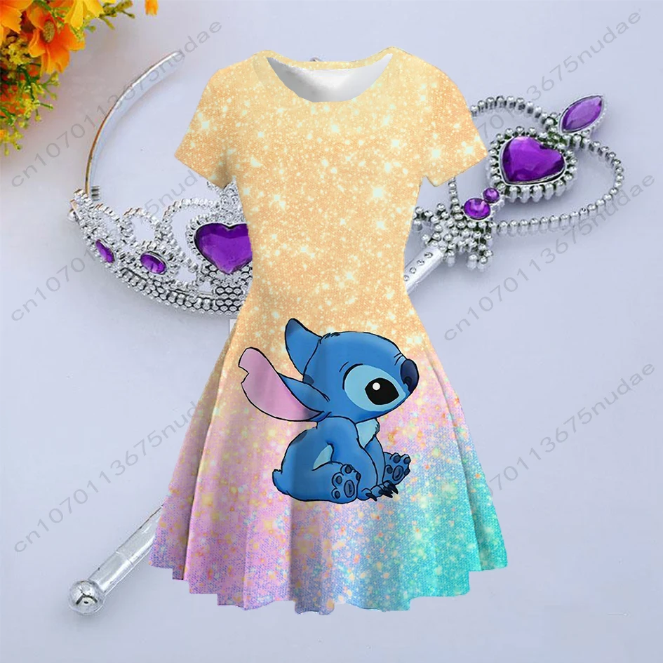 Robe de princesse imprimée Disney Stitch pour filles, robe décontractée,  col rond, manches courtes, dessin animé, été, nouveau, 2022 - AliExpress