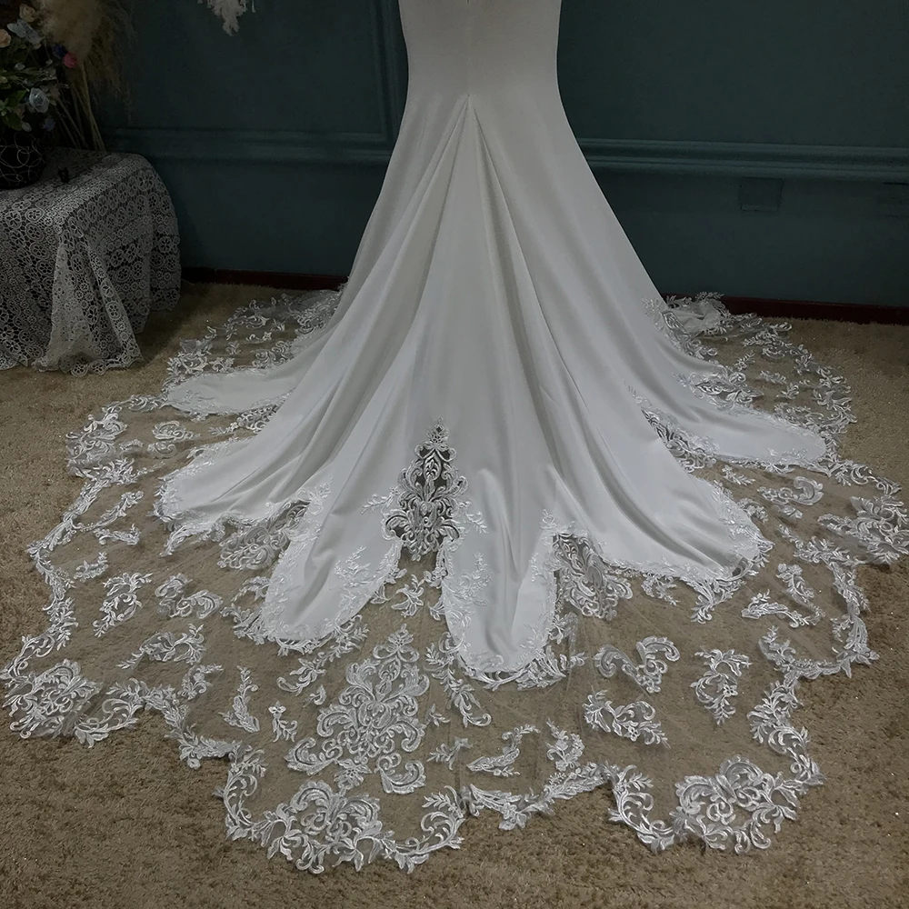 Mryarce Luxury Lace Crepe Wedding Dress Sexy Spaghetti Straps Long Train Bridal Gowns 3