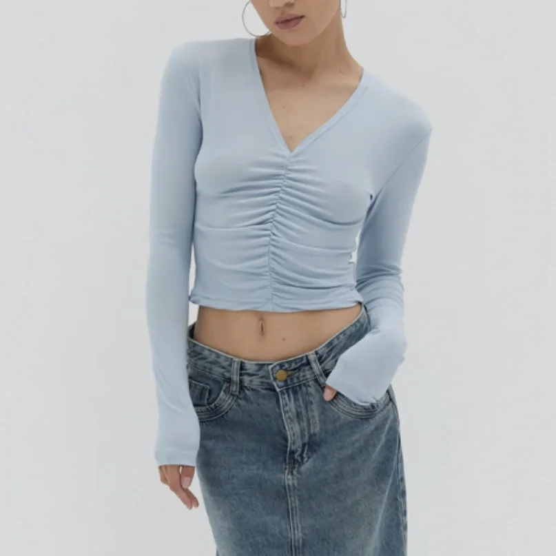 

Women Long Sleeve Ruched T-Shirt Casual Solid Color V Neck Slim Fit Basic Crop Tops Streetwear