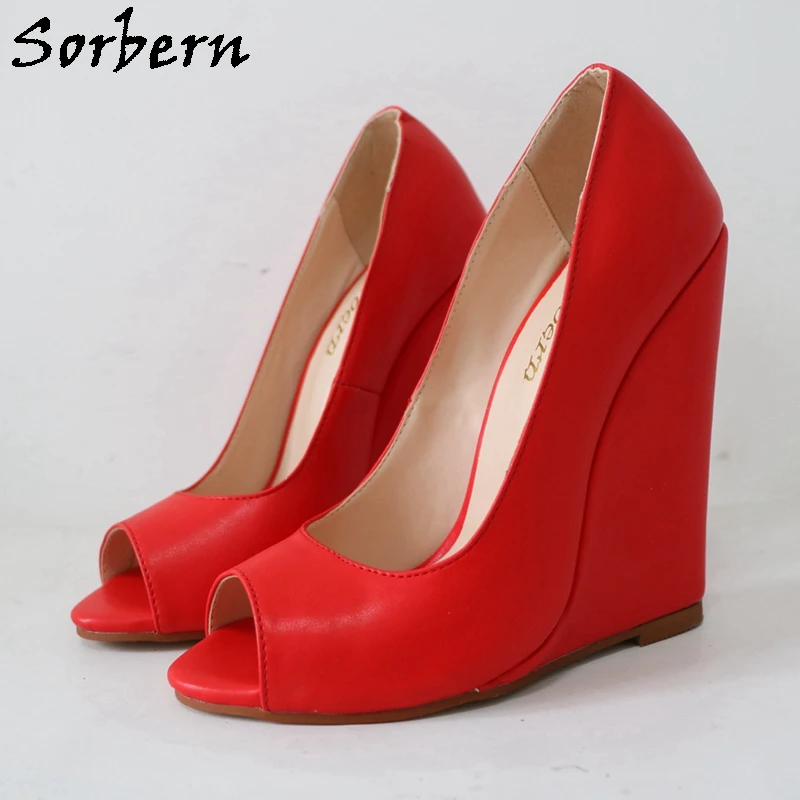 

Sorbern Red Women Pump Shoes Open Toe Us9 Large Size Slip On Wedges High Heel 14Cm Custom Multi Colors And Heel Height