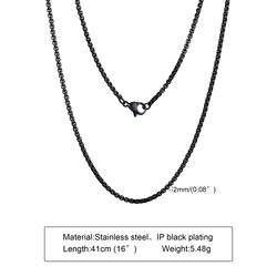 Sleek Round Box Chain Necklace - Gold, Silver, Black Plated Stainless Steel, Unisex Jewelry Gift, Adjustable Length - 20 inch 50cm (2mm black)