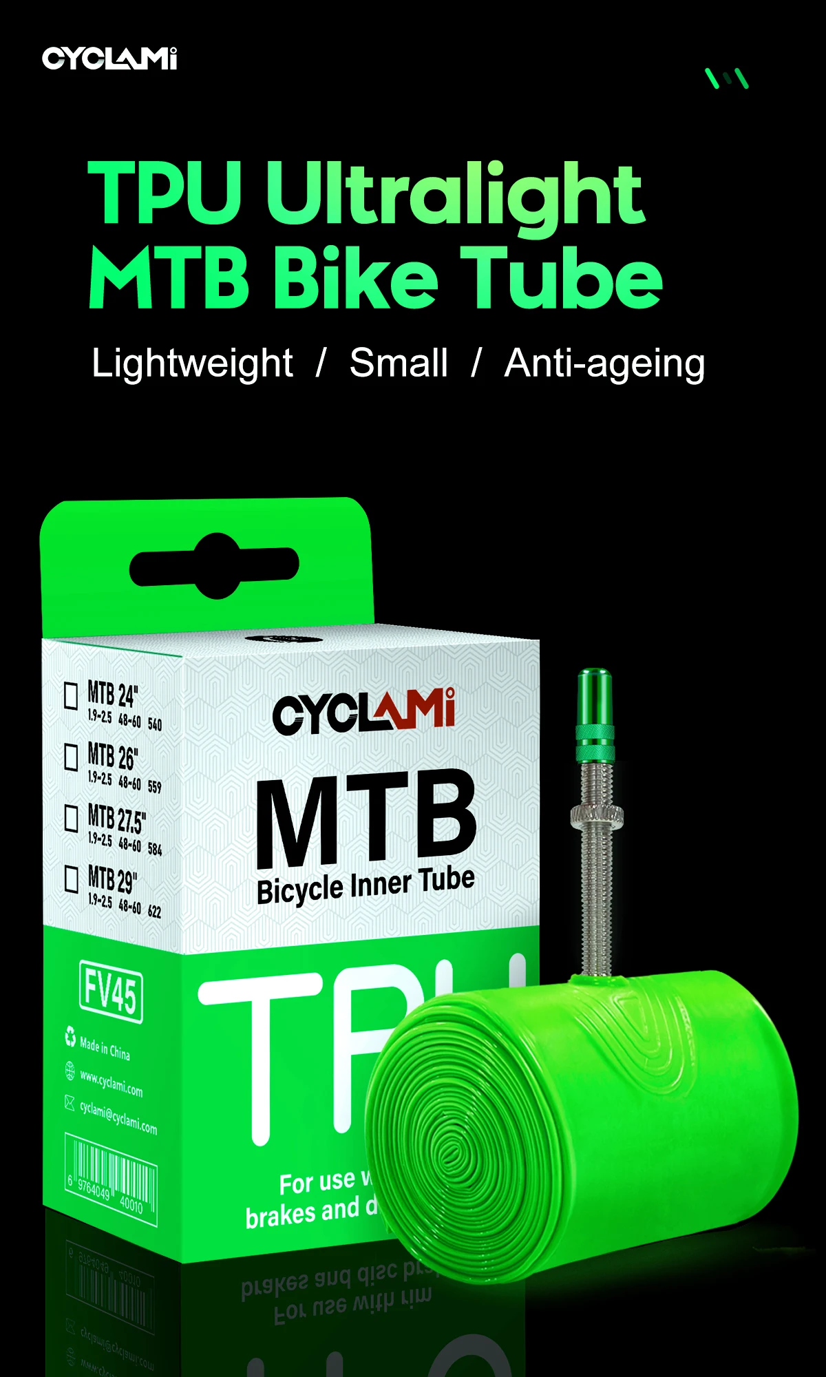 Description Picture 2 of itemCYCLAMI Ultralight Bike Inner Tube 26 27.5 29 Inches MTB Bicycle TPU Material Tire 45mm French Valve Super Light Anti-Oxidation