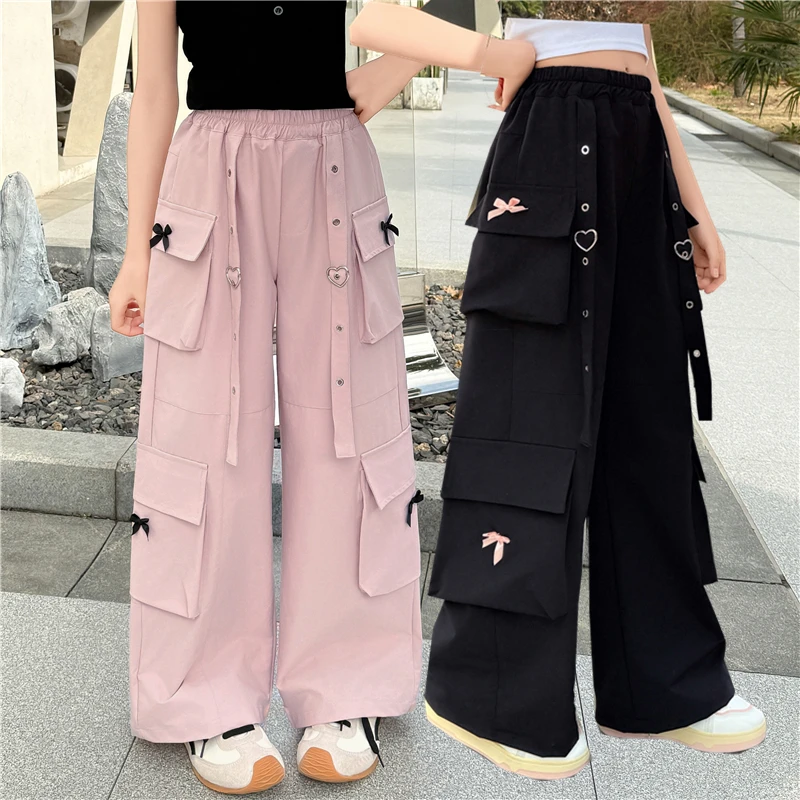 سروال كارجو أسود وردي عالي الجودة للأطفال مع جيب جانبي للفتيات المراهقات بنطلون هيب هوب عالي الموضة سروال رياضي للشارع للأطفال
