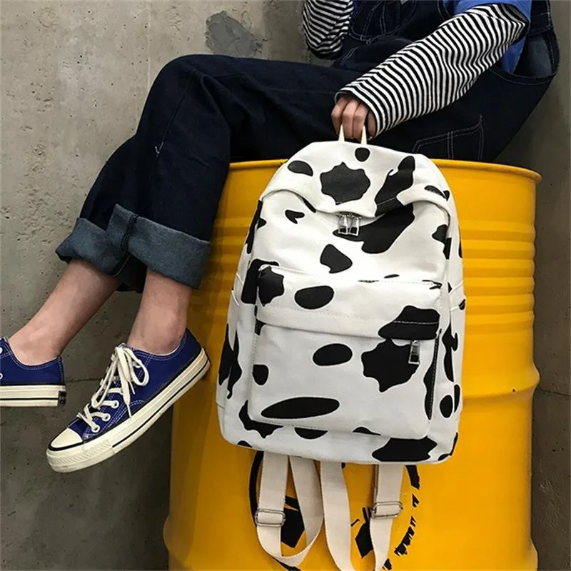 

korean women backpack Canvas Cow pattern school backpacks for girls teenagers Bookbag Mochila Casual travel bag bagpack Rucksack