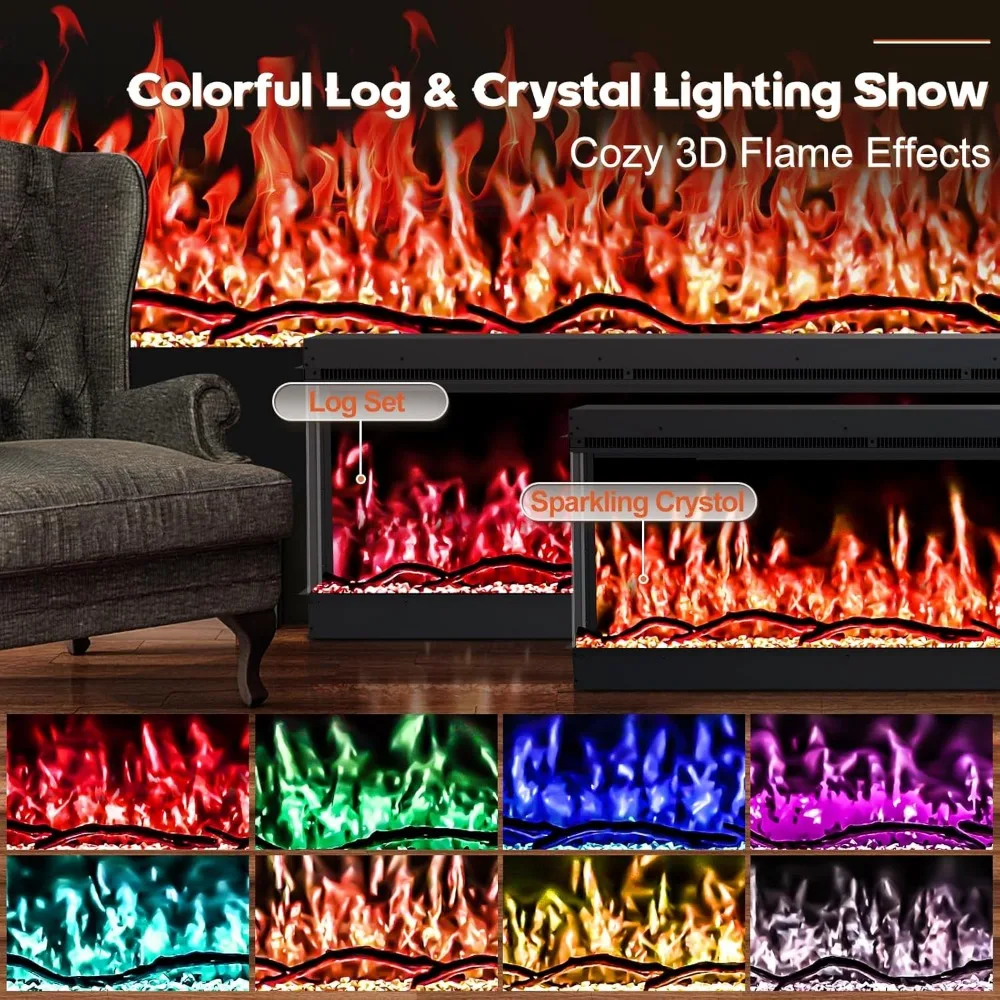 3 Sided Electric Fireplace Inserts, 80 inch Eletric Fire Place Heater, Modern Built in Wall Fireplace with Realistic Led Flame 3