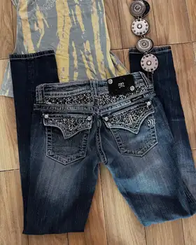 Retro Miss Me Boot Cut Jeans Female Y2K New Blue Jeans Embroidered Wing Pocket Hip Hop Harajuku Gothic Wide Pants Street Wear 1