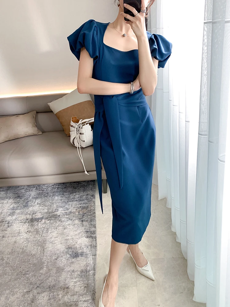 

Summer Elegant Lace Up Midi Dress For Women Office Ladies One Piece Casual Femme Fashion Clothing Vestidos