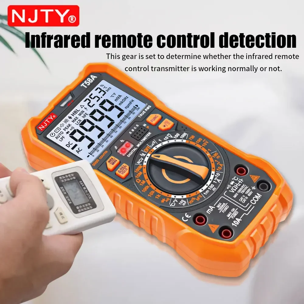 NJTY T58A/T58B NCV 디지털 멀티미터 9999 카운트 자동 범위 AC/DC 전압계 대형 스크린 백라이트 손전등 멀티미터 테스터