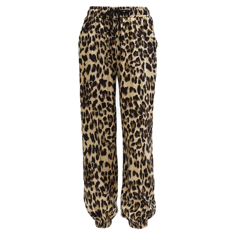 2021 Autumn and Winter Women's Fashion Trendy Street Style Leopard Print Lace-up Mid-waist Straight-leg Pants Casual Trousers
