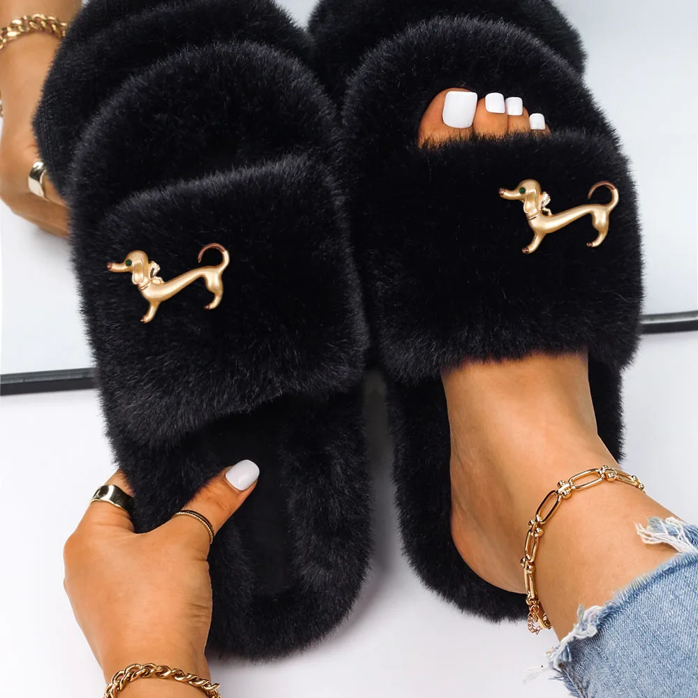 Women's Slippers Shoes Faux Fur Slides Cute Dachshund Decor Flat Sandals Designer Flip Flops Female Winter Plush Slippers 2022