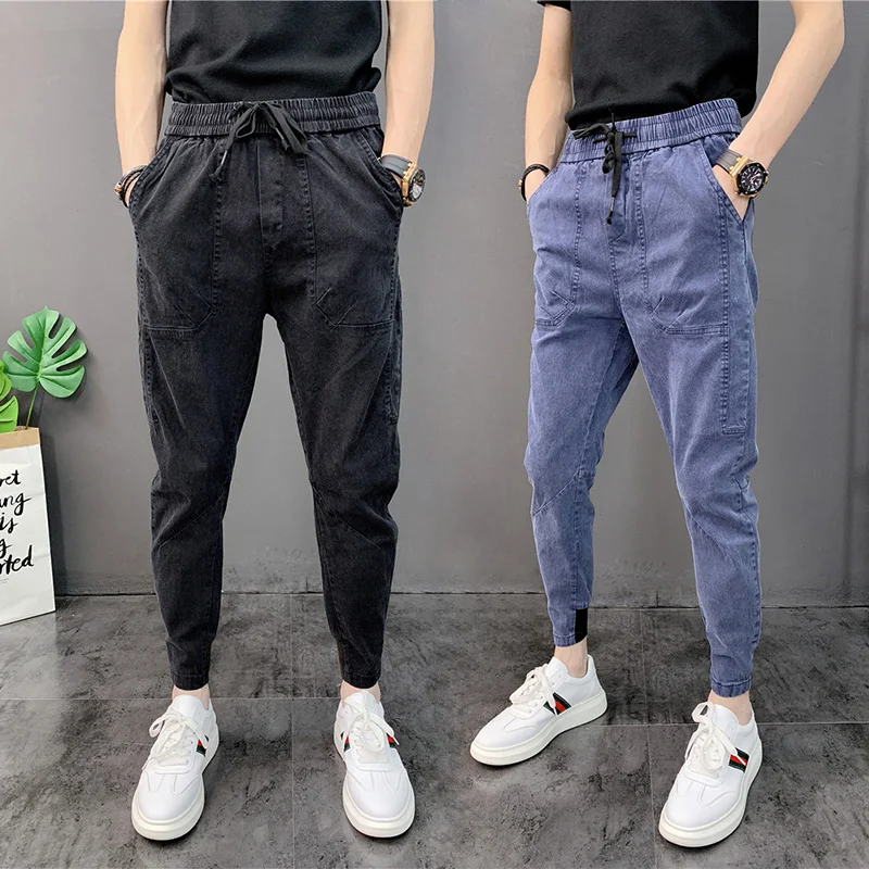 New Thin 2022 New Feet Summer Autumn Solid Color Cropped Trousers Harem Hipster Casual Pants Low Waist Drawstring Jeans